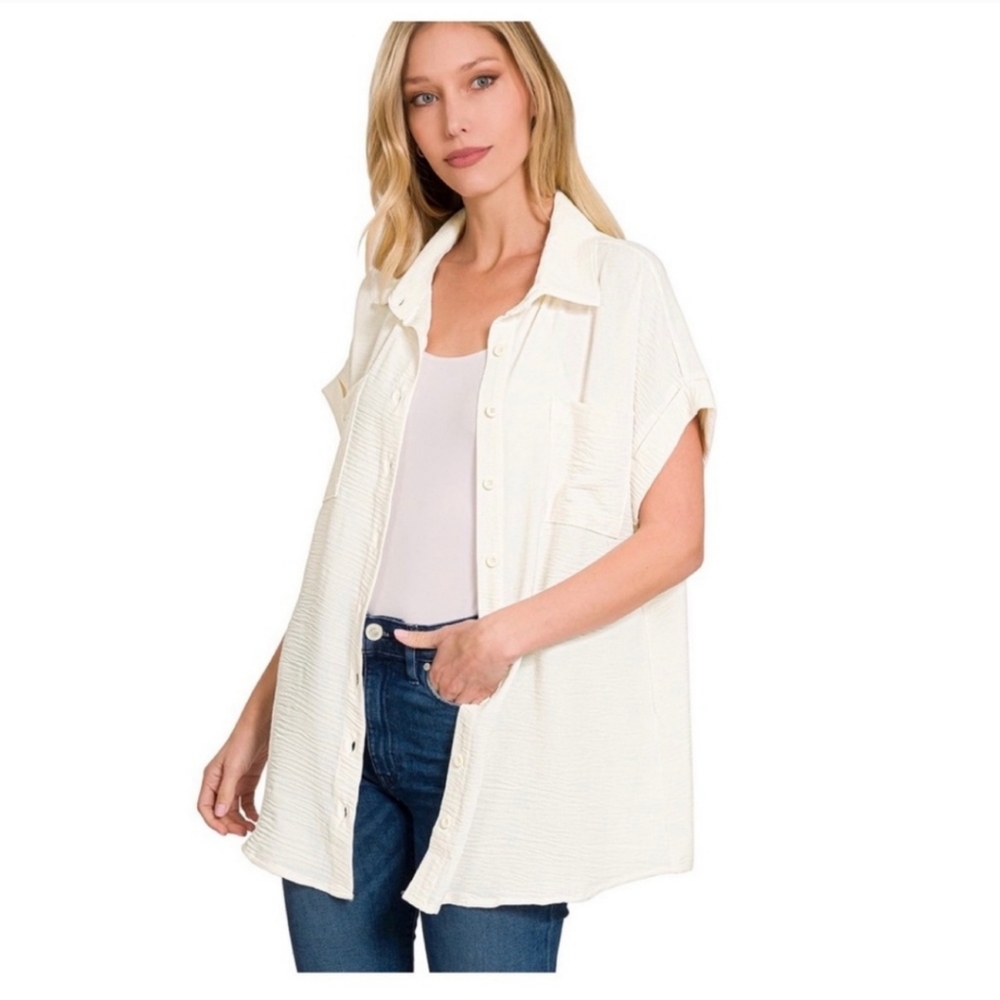 WOVEN AIRFLOW SHORT CUFF SLEEVE BUTTON FRONT SHIRT✨️